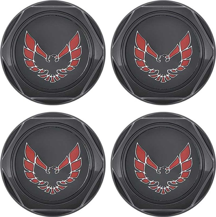 881152 Wheel Center Cap Set 1977-81 Firebird; Gloss Black w/ Early Red Bird Logo Without Metal Clips (4 pc)
