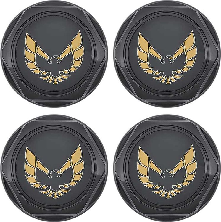 881153 Wheel Center Cap Set 1977-81 Firebird; Gloss Black with Gold Bird Emblem Without Metal Clips (4 pc)