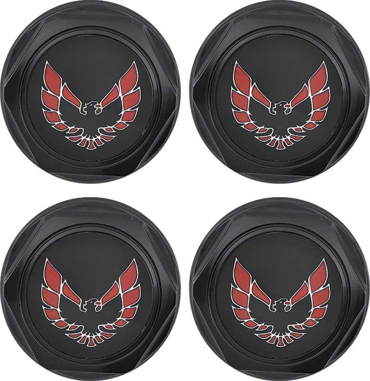 881157 Wheel Center Cap Set 1977-81 Firebird; Flat Black w/ Early Red Bird Logo with Metal Clips (4 pc)