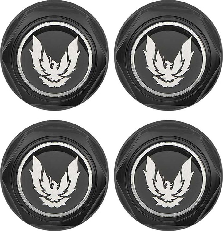 881159 Wheel Center Cap Set 1982-92 Firebird; Flat Black w/ Late Silver Bird Emblem & Metal Clips (4 pc)