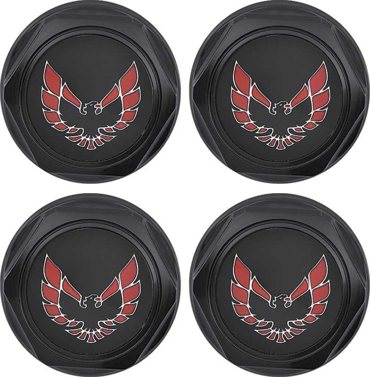 881164 Wheel Center Cap Set 1977-81 Firebird; Flat Black w/ Early Red Bird Logo Without Metal Clips (4 pc)