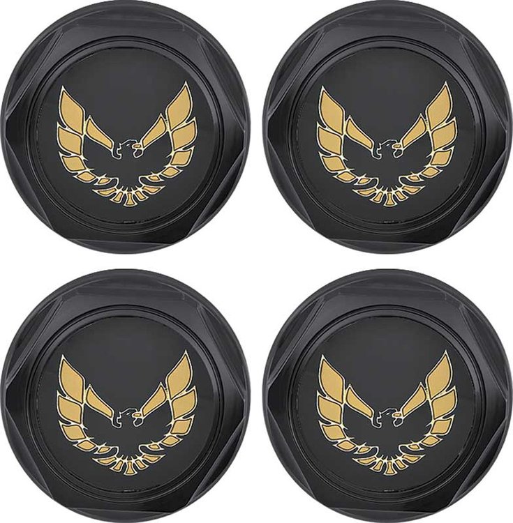 881165 Wheel Center Cap Set 1977-81 Firebird; Flat Black w/ Early Gold Bird Logo Without Metal Clips (4 pc)