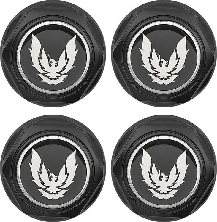 881166 Wheel Center Cap Set 1982-92 Firebird; Flat Black w/ Late Silver Bird Logo Without Metal Clips (4 pc)