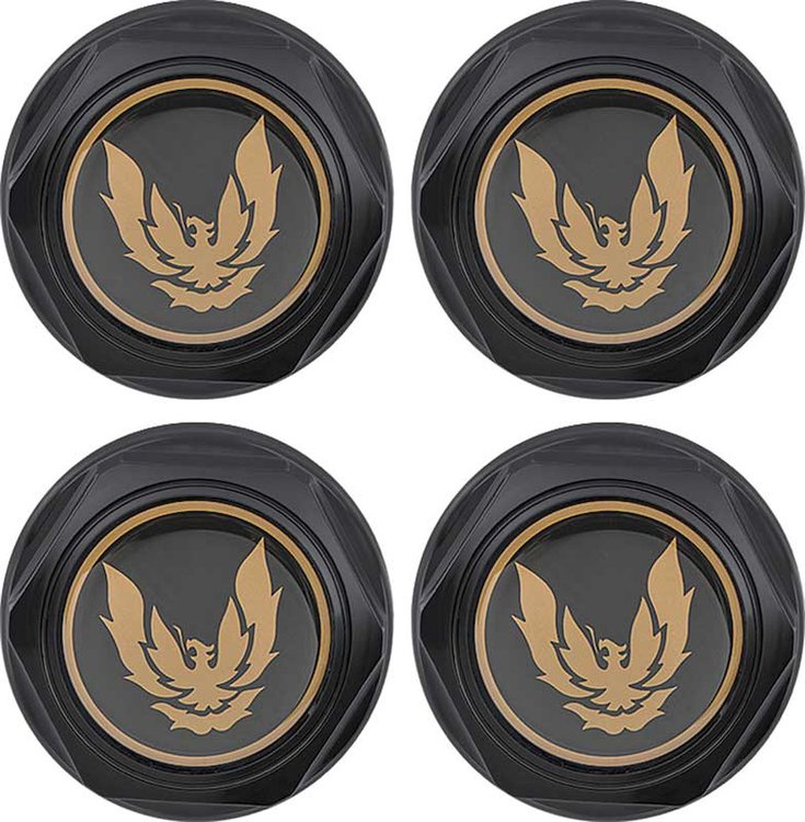 881167 Wheel Center Cap Set 1982-92 Firebird; Flat Black w/ Late Gold Bird Logo Without Metal Clips (4 pc)