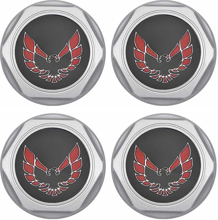 881171 Wheel Center Cap Set 1977-81 Firebird; Silver w/ Early Red Bird Logo with Metal Clips (4 pc)