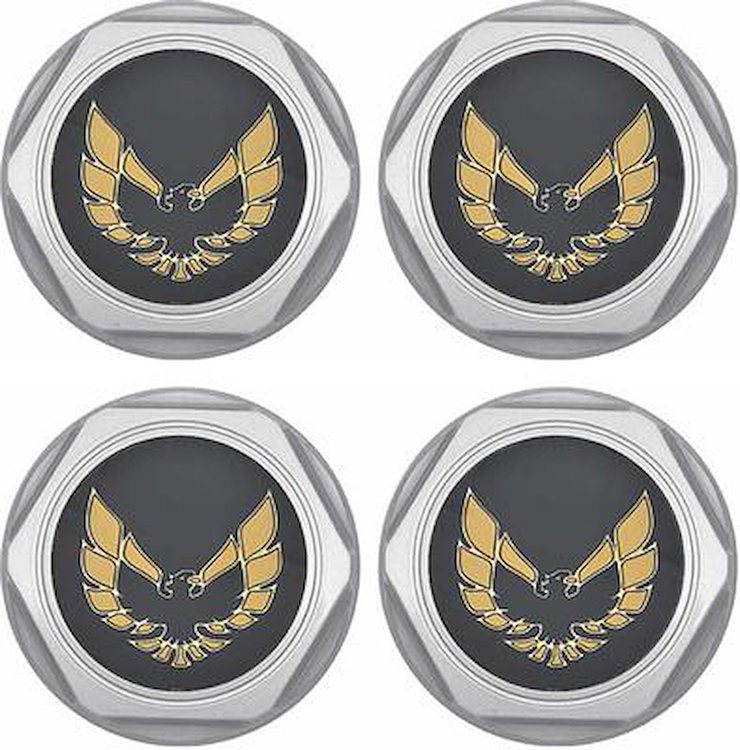 881172 Wheel Center Cap Set 1977-81 Firebird; Silver with Early Gold Bird Emblem & Metal Clips (4 pc)