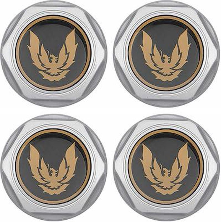 881174 Wheel Center Cap Set 1982-92 Firebird; Silver with Late Gold Bird Emblem & Metal Clips (4 pc)