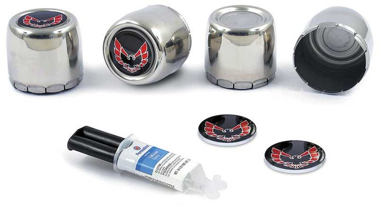 Wheel Center Cap and Emblem Kit for 1977-1981 Pontiac Firebird [Stainless Steel, with Red Bird Logo]