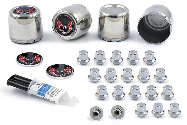 881182 Wheel Center Caps, Emblems, Lug Nuts Kit-1977-81 Firebird; Red Bird Logo, with Epoxy