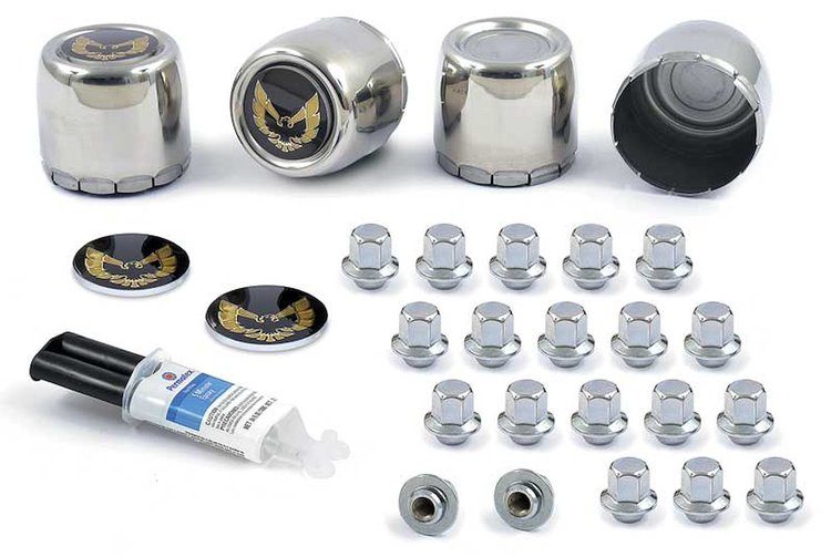 Wheel Center Cap, Emblem, Lug Nut Kit for 1977-1981 Pontiac Firebird [Gold Bird Logo, Stainless Steel]