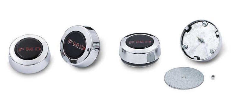 881231 Wheel Center Cap 1967-72 Pontiac Rally Il; "PMD" Lettering; Black With Red; Set Of 4