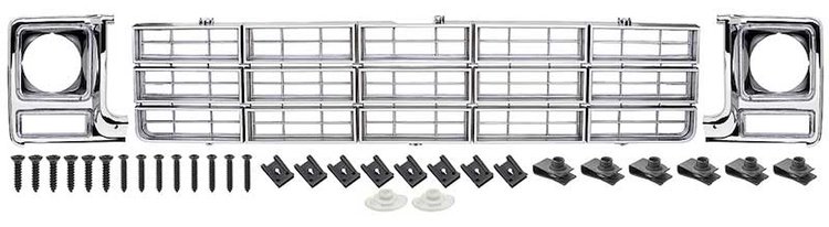 881321 Grill and Round Headlamp Bezel Basic Set 1979-80 Chevrolet Pickup ; Emblem Delete; Argent Silver