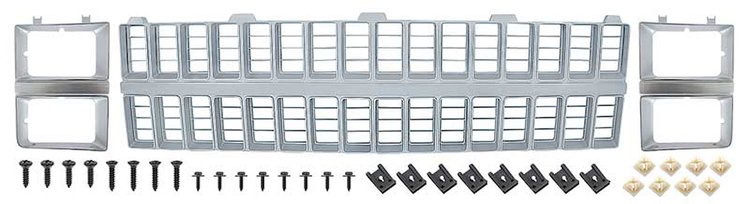 881323 Grill and Headlamp Bezel Basic Set 1981-82 Chevrolet Pickup ; Emblem Delete; Argent Silver & Chrome