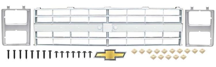 Grille, Headlamp Bezel, Emblem Set Fits Select 1985-1988 Chevrolet Blazer, Pickup, Suburban [Bow Tie Emblem, Silver]