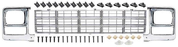 881326 Grill and Rectangular Headlamp Bezel Set 1979-80 Chevrolet Pickup; Emblem Delete; Argent Silver