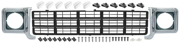 881327 Grill and Headlamp Bezel Basic Set 1977-78 Chevrolet Pickup ; Emblem Delete; Black