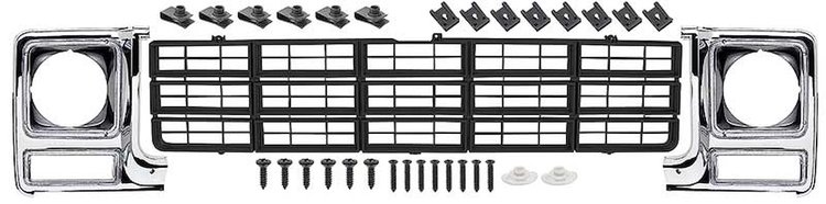 881328 Grill and Round Headlamp Bezel Basic Set 1979-80 Chevrolet Pickup ; Emblem Delete; Black