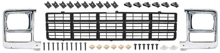 881329 Grill and Rectangur Headlamp Bezel Basic Set 1979-80 Chevrolet Pickup -Emblem Delete; Black