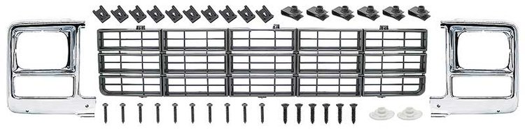 881332 Grill and Rectangular Headlamp Bezel Set 1979-80 Chevrolet Pickup ; Emblem Delete; Charcoal Gray