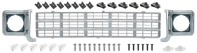 881333 Grill and Headlamp Bezel Basic Set 1977-78 Chevrolet Pickup ; Emblem Delete; Chrome