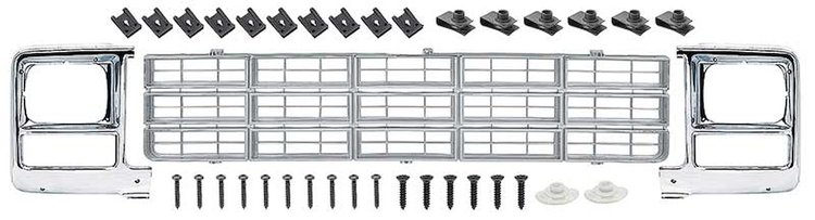 881335 Grill and Rectangular Headlamp Bezel Set 1979-80 Chevrolet Pickup ; Emblem Delete; Chrome