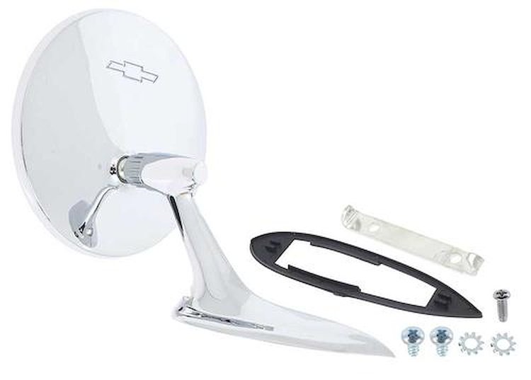 985878C 1963-65 Impala, Bel Air, Chevy II, Nova, Corvette; Outer Door Mirror; with Bow Tie Logo; Convex Glass; Passenger Side