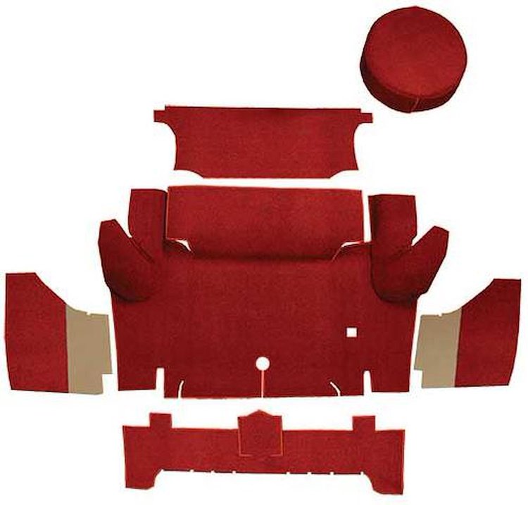 A4063A02 Loop Trunk Carpet Set With Boards 1964-66 Mustang Coupe Nylon; Red