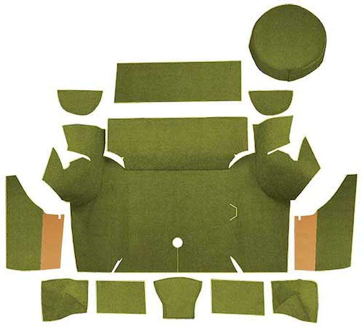 A4075A19 Nylon Loop Trunk Carpet Set With Boards 1967-68 Mustang Coupe; Moss Green
