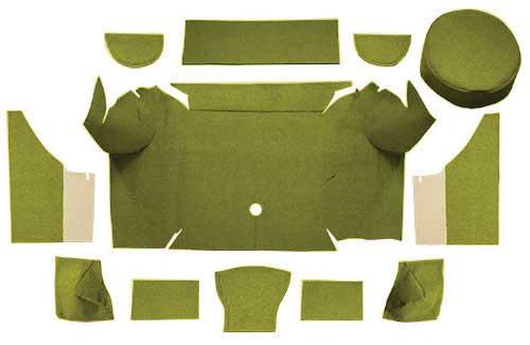 A4079A19 Nylon Loop Trunk Carpet Set With Boards 1967-68 Mustang Convertible; Moss Green