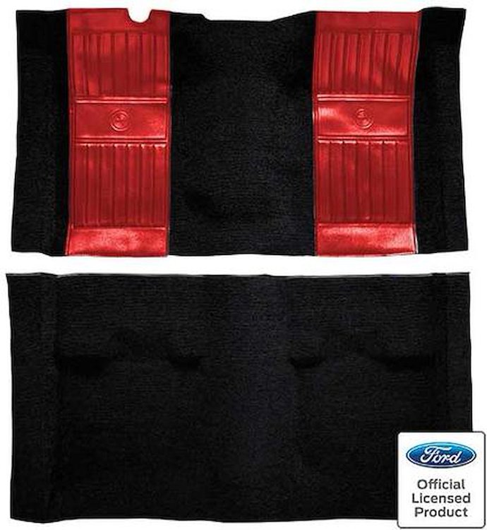 A4117B02 Nylon Loop Floor Carpet With Mass Backing 1971-73 Mustang Mach 1; Black/Red Pony Inserts