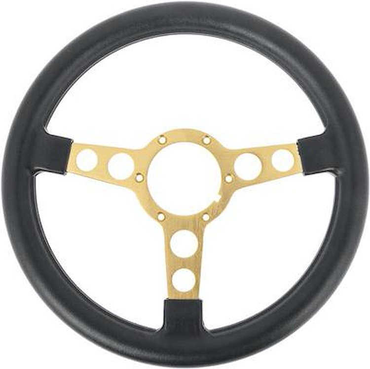 A8100316 1969-76 Firebird, GTO, Lemans, Tempest; Formula Steering Wheel; 3-7/8 in. Black Molded Grips; Gold Anodized Spokes