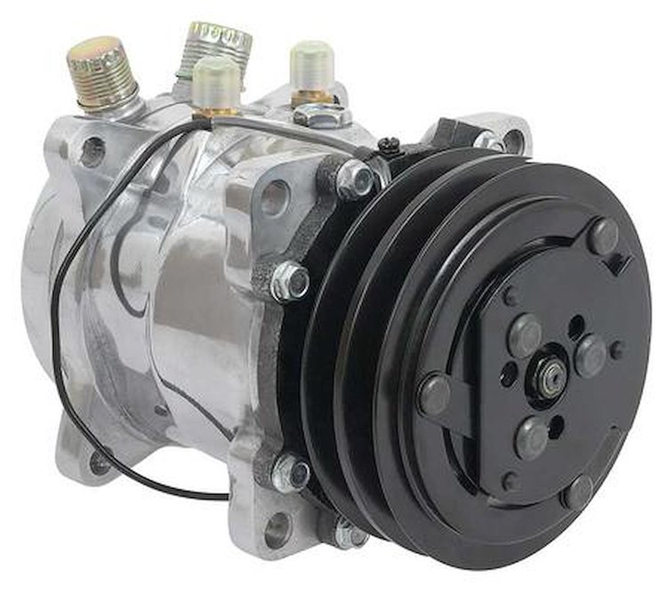 AC5104P Sanden 507 Style A/C Compressor w/ 2-Groove V-Belt Clutch Pulley, Polished Finish, SD507/SD5H11