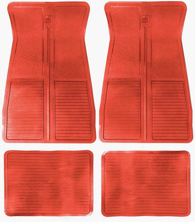 CM65107 1973-87 GM; Rubber Floor Mat Set; With GM Logo; Factory Style; Set of 4; Red