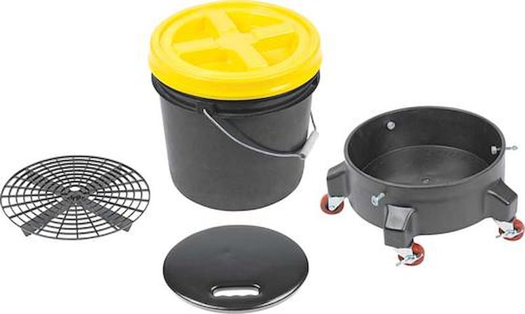 K89742 Grit Guard Deluxe Wash System 3.5 Gallon Black Pail With Yellow Lid; Dolly and Seat Cushion