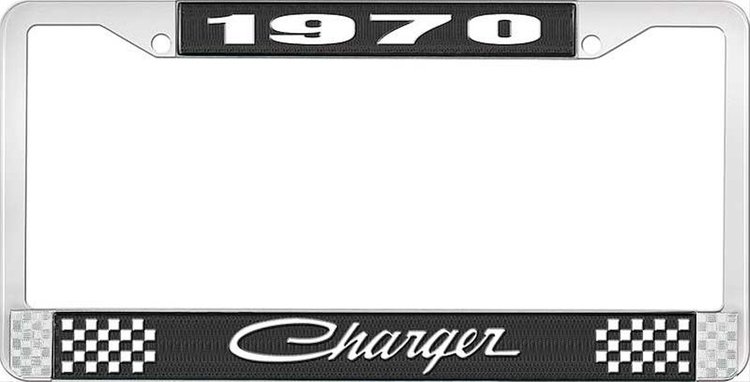 1970 Charger License Plate Frame - Black & Chrome with White Lettering