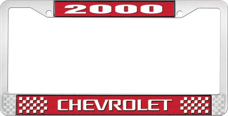 2000 Chevrolet Red And Chrome License Plate Frame With White Lettering