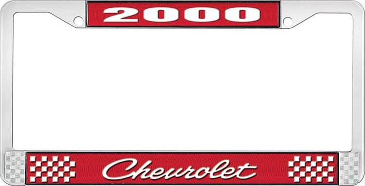 2000 Chevrolet Red And Chrome License Plate Frame With White Lettering