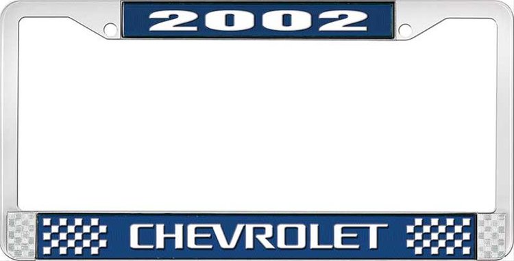 2002 Chevrolet Blue And Chrome License Plate Frame With White Lettering