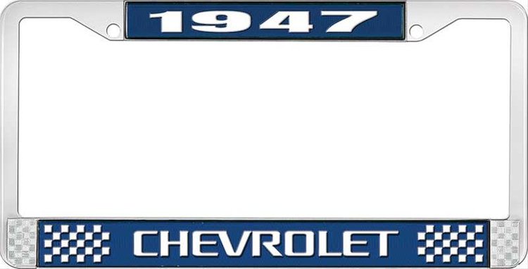1947 Chevrolet Blue And Chrome License Plate Frame With White Lettering