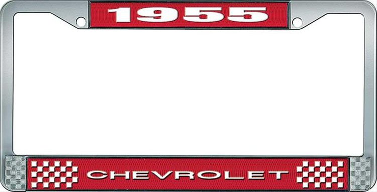 1955 Chevrolet Red And Chrome License Plate Frame With White Lettering