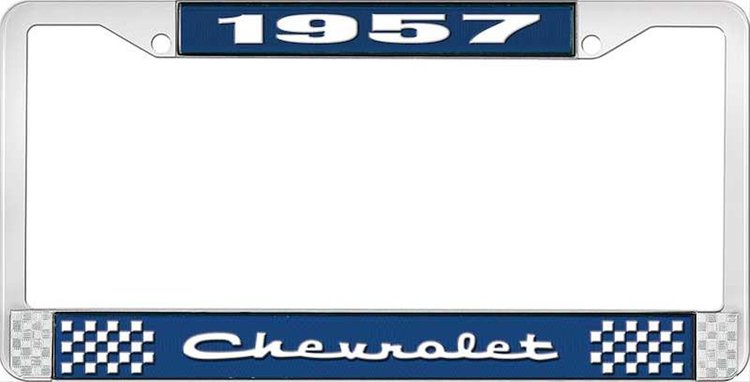 1957 Chevrolet Blue And Chrome License Plate Frame With White Lettering