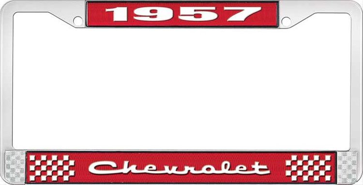 1957 Chevrolet Red And Chrome License Plate Frame With White Lettering