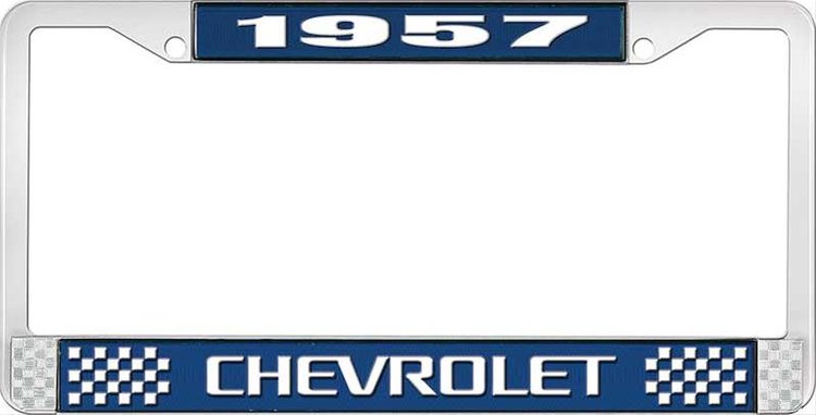 1957 Chevrolet Blue And Chrome License Plate Frame With White Lettering