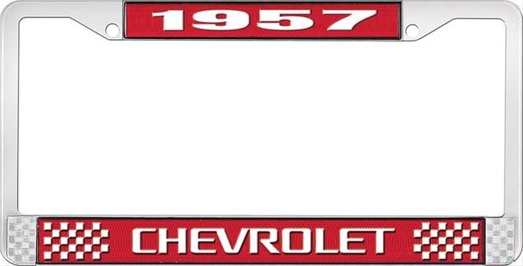 1957 Chevrolet Red And Chrome License Plate Frame With White Lettering