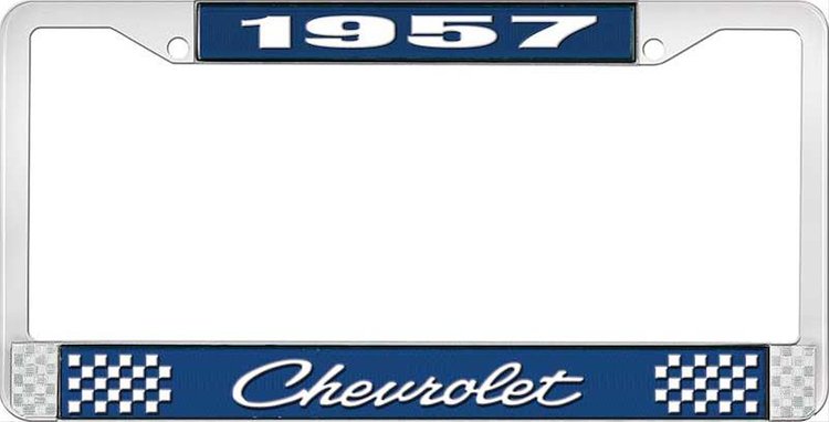 1957 Chevrolet Blue And Chrome License Plate Frame With White Lettering