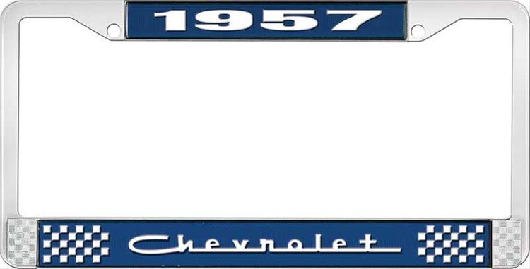 1957 Chevrolet Blue And Chrome License Plate Frame With White Lettering