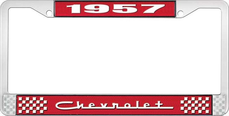 1957 Chevrolet Red And Chrome License Plate Frame With White Lettering