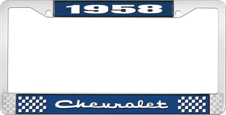 1958 Chevrolet Blue And Chrome License Plate Frame With White Lettering