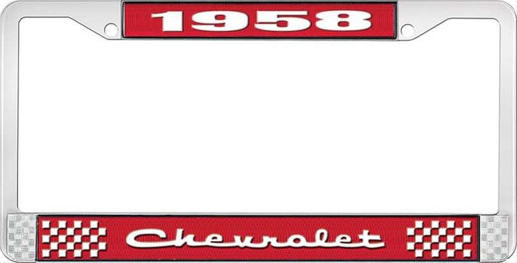 1958 Chevrolet Red And Chrome License Plate Frame With White Lettering