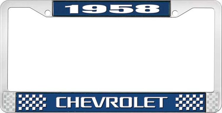 1958 Chevrolet Blue And Chrome License Plate Frame With White Lettering